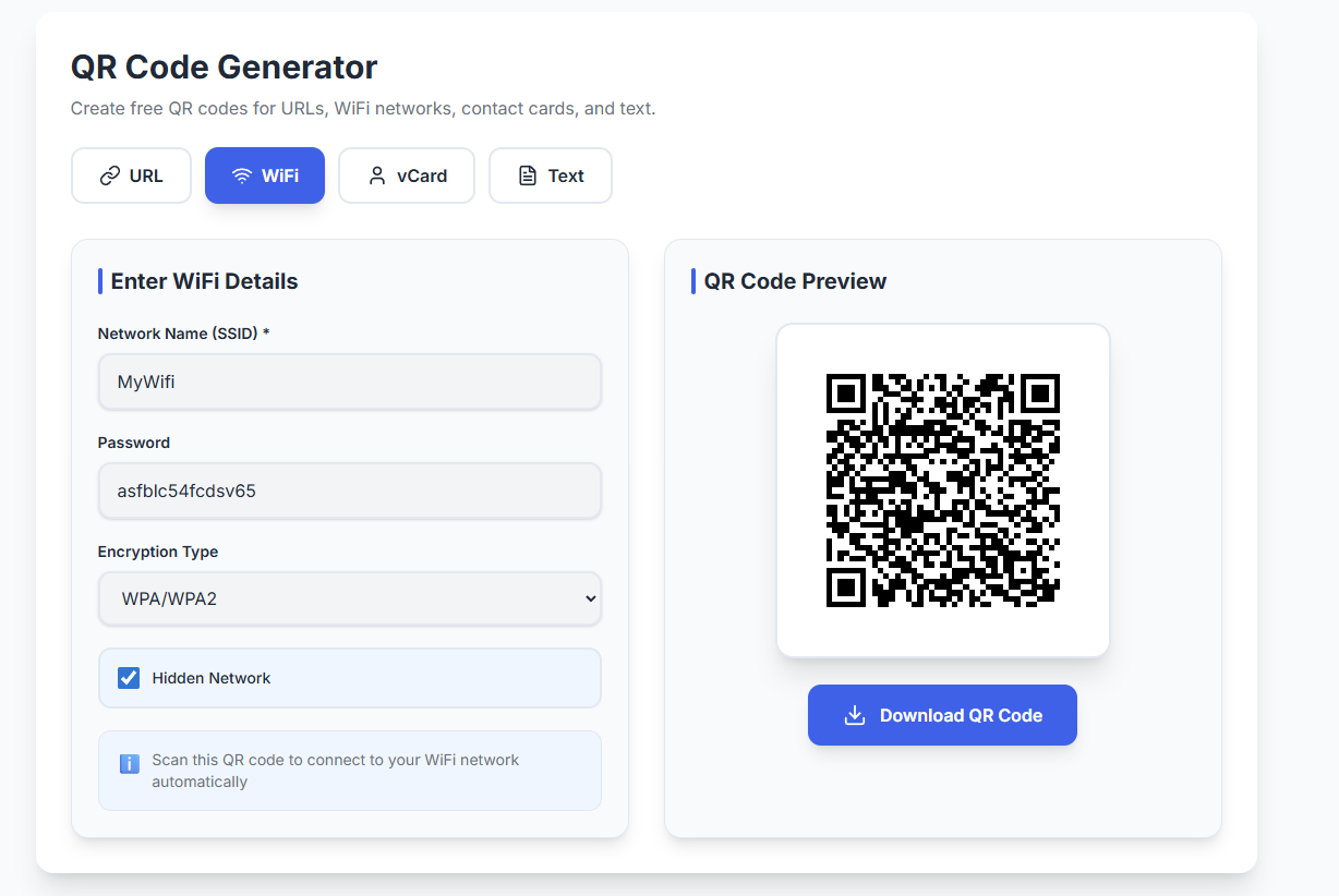 QR Code Generator WiFi tab with network details filled in